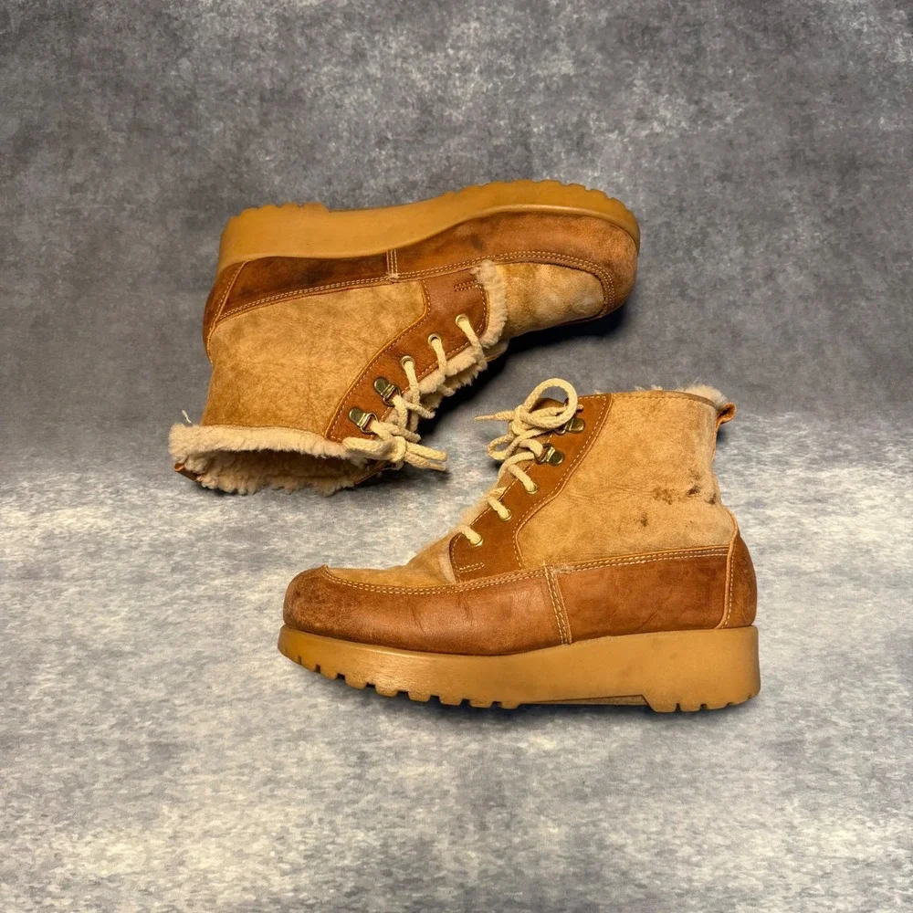 VTG 70s Dexter Women Brown Leather Suede Shearling Lined Lace Up Winter Boots 7M